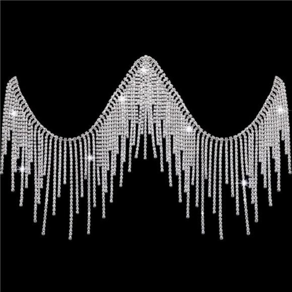 Rhinestone Fringe Belt with Beaded Fringe Trim & Rhinestone Ribbon Tassel Chain